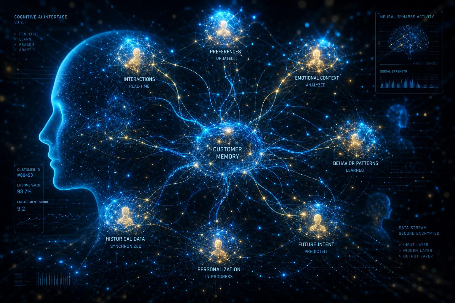 Futuristic neural network visualization symbolizing cognitive AI and customer memory