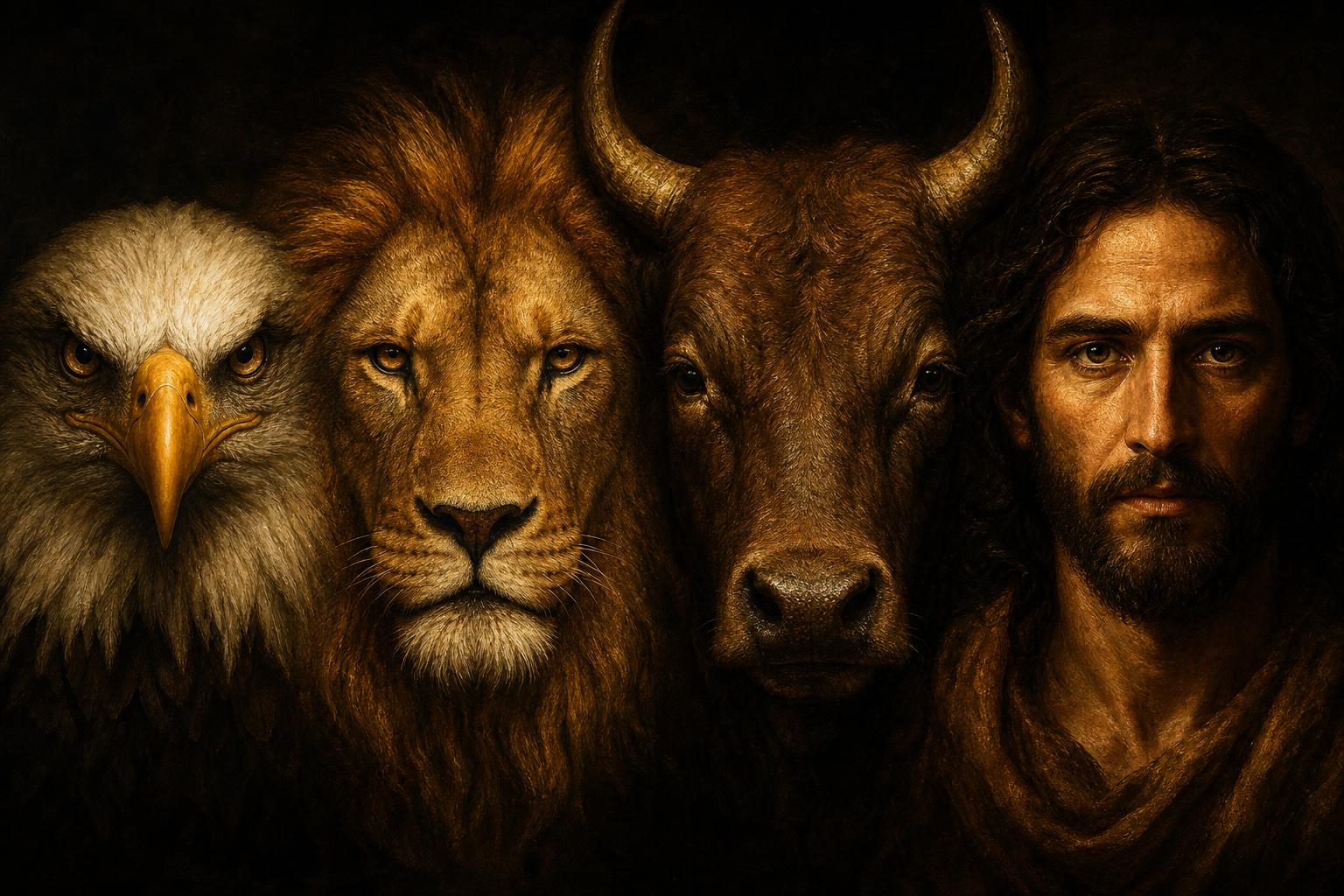 Horizontal composition of an eagle, lion, ox, and human side by side symbolizing the four faces of leadership